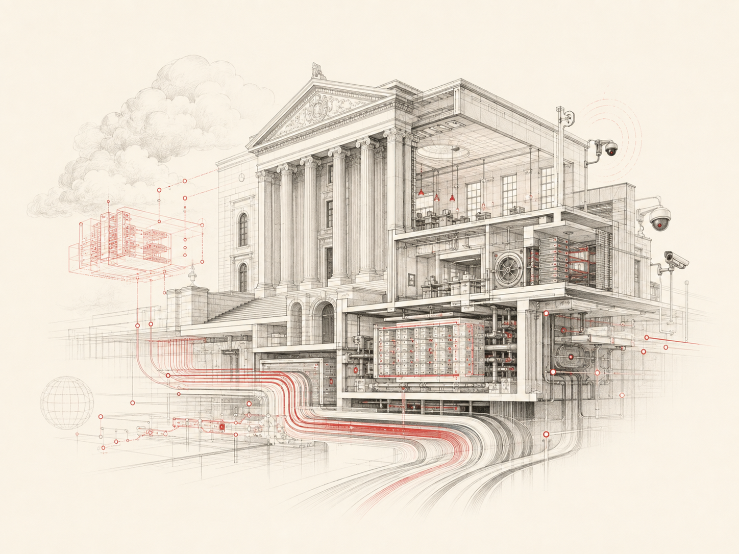 Institutional building interwoven with banking, data, and surveillance infrastructure
