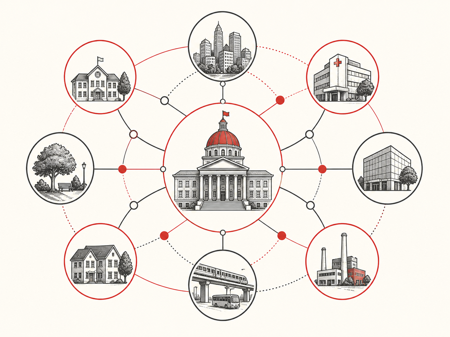 Editorial illustration representing institutional reach