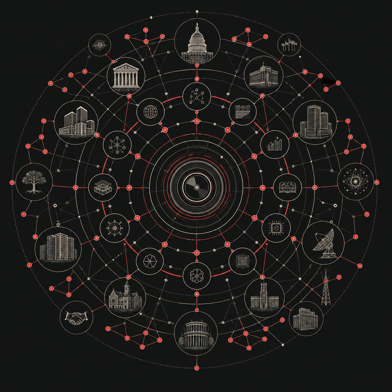 Relationship map connecting institutions across finance, philanthropy, politics, academia, technology, and media